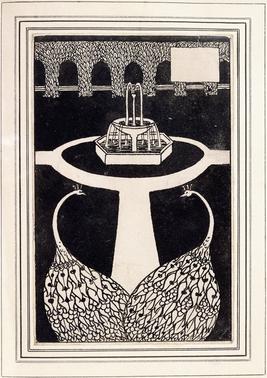 Encabezado de capítulo que representa dos pavos reales en un jardín con una fuente, c.1893/4 de Aubrey Beardsley