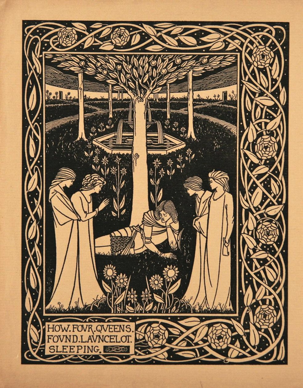 Cómo cuatro reinas encontraron a Lancelot durmiendo. Ilustración del libro Le Morte d
