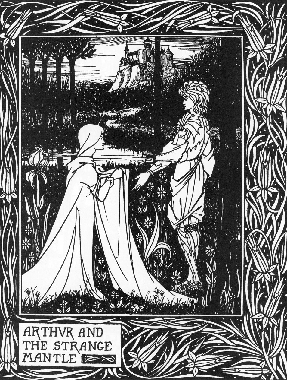 El Rey Arturo recibiendo la visita de una joven enviada por el hada Morgana (El Rey Arturo y el extraño manto enviado por Morgana la hada). Ilustración de Aubrey Beardsley (1872-1898) del libro 