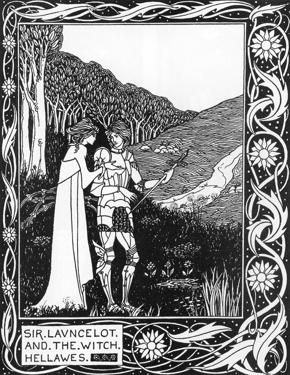 Sir Launcelot y la bruja Hellawes (Lancelot y la bruja Hellawes) Ilustración de Aubrey Beardsley de 