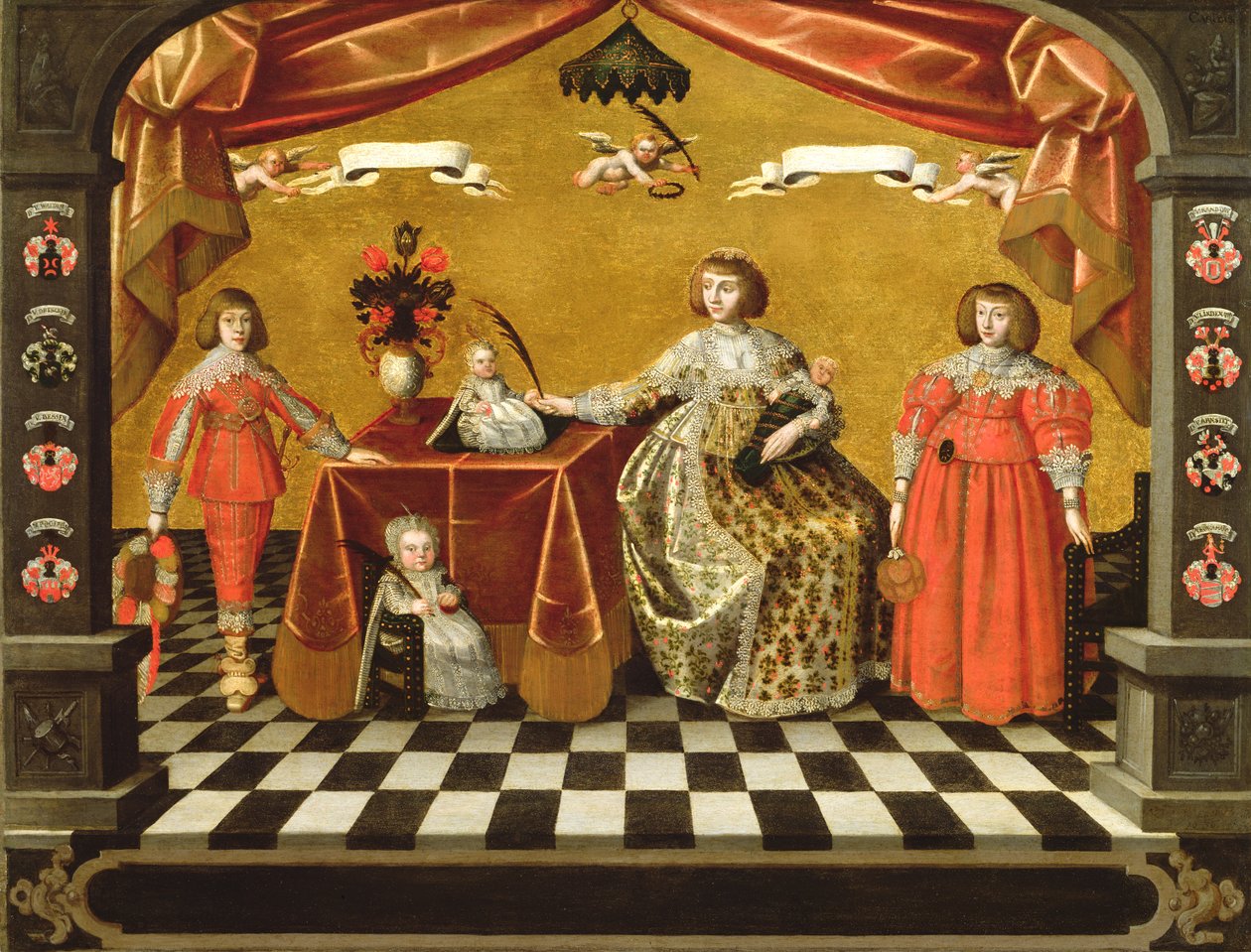 Retrato de grupo familiar con escudos de armas de August Erich