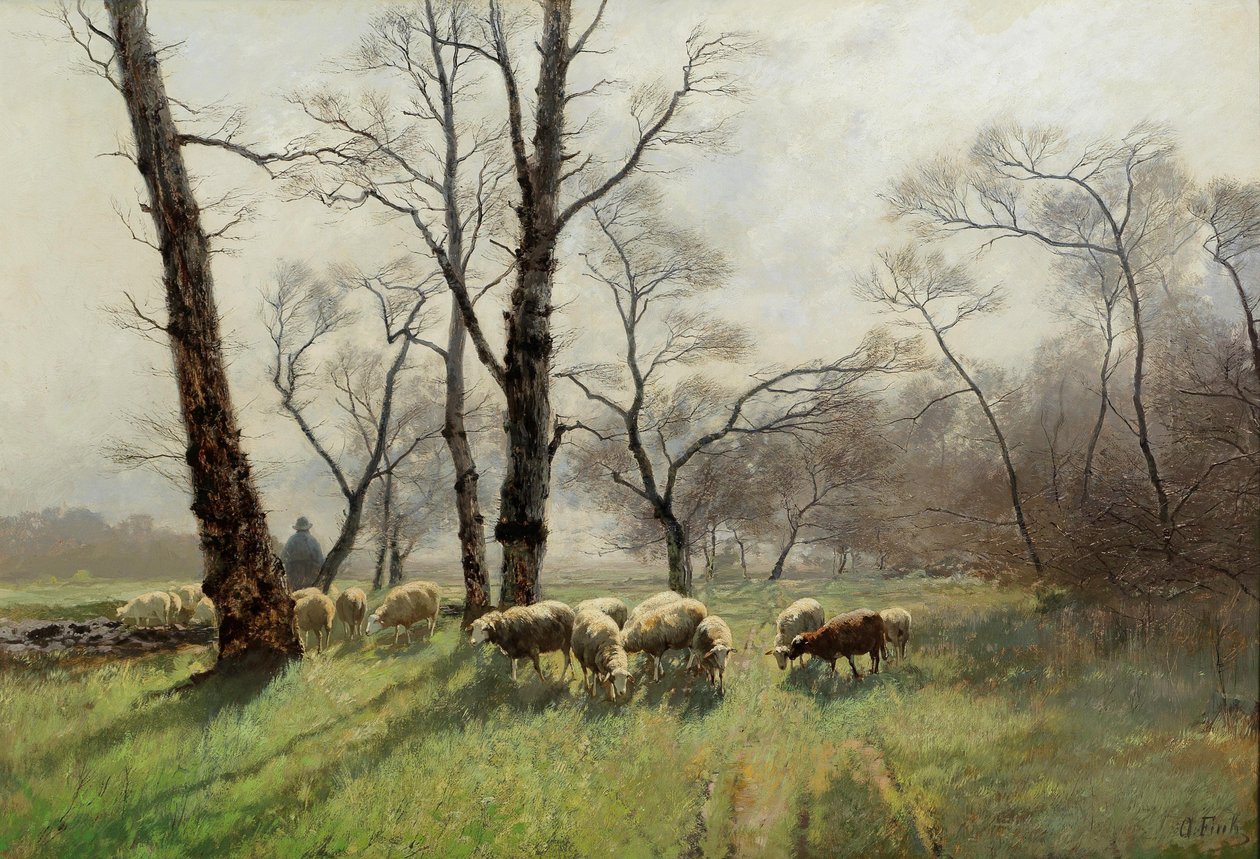 Pastor con su rebaño a la luz del atardecer de August Fink
