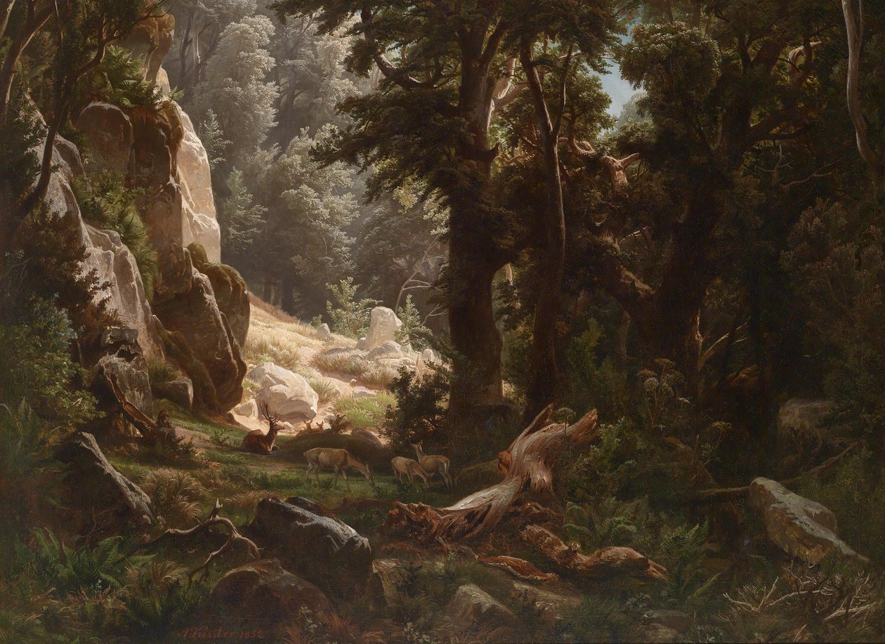 Ciervos en el interior del bosque de August Friedrich Kessler