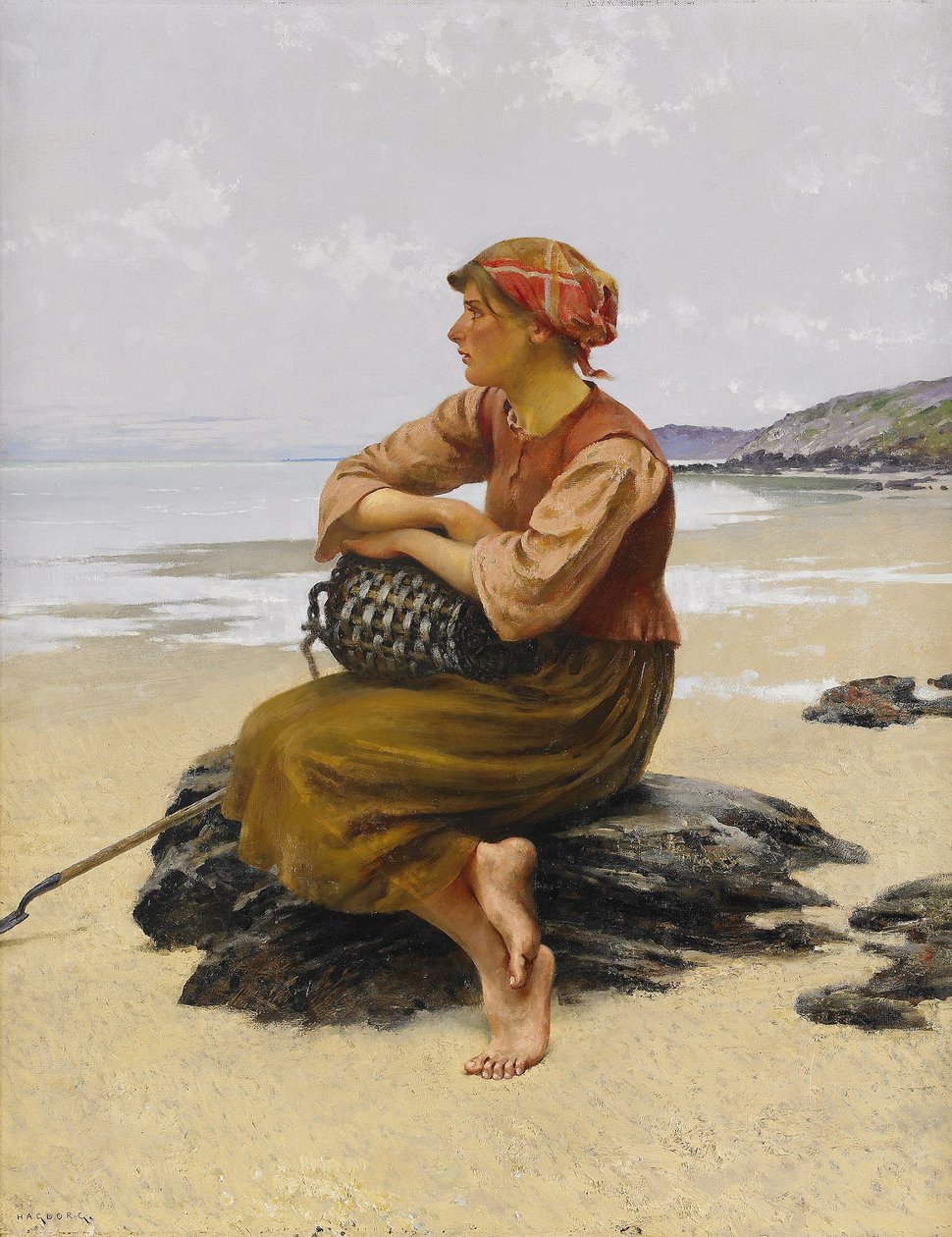 Recolectora de ostras sentada en la playa de August Hagborg