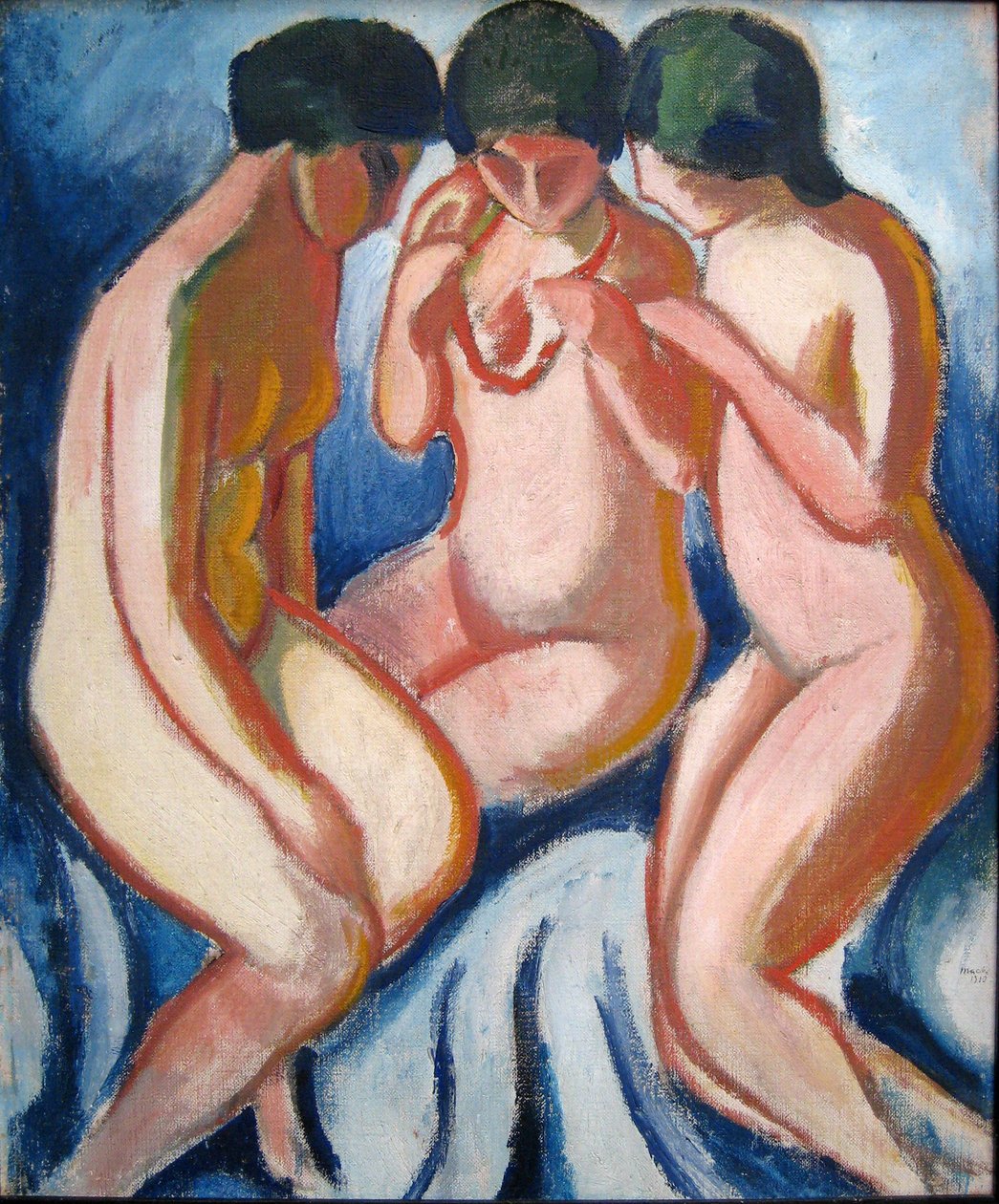 Tres desnudos contra fondo azul de August Macke
