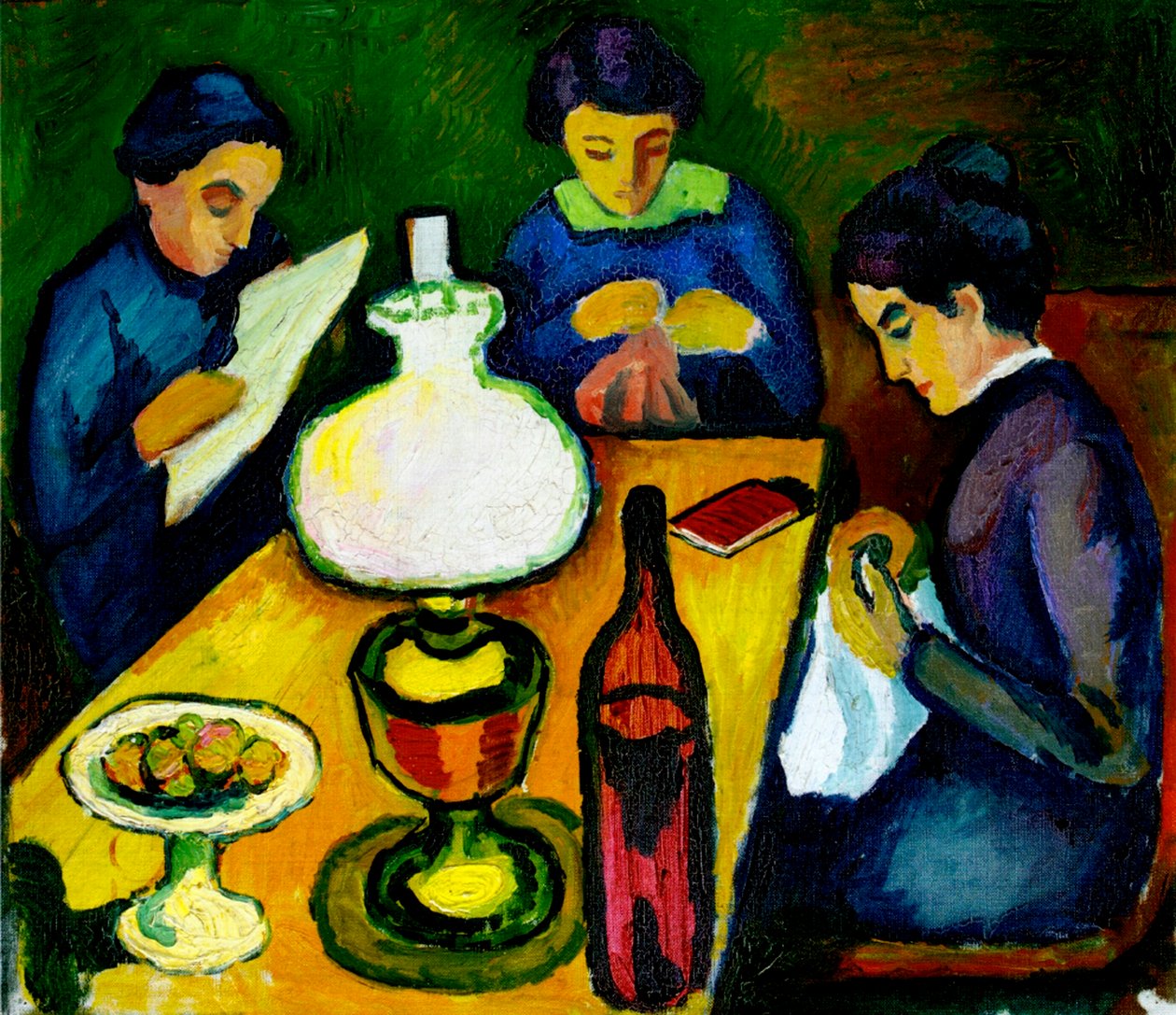 Tres mujeres en la mesa junto a la lámpara, 1912 de August Macke