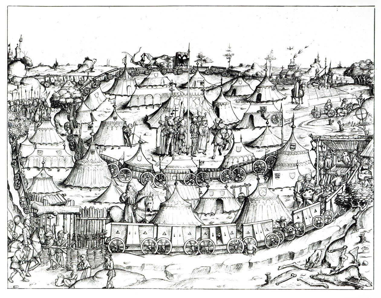 Campamento militar medieval, de un libro, pub. 1887 de August Ottmar von Essenwein