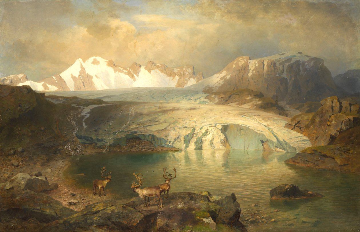 Paisaje de fiordo con glaciar y renos de August Wilhelm Leu