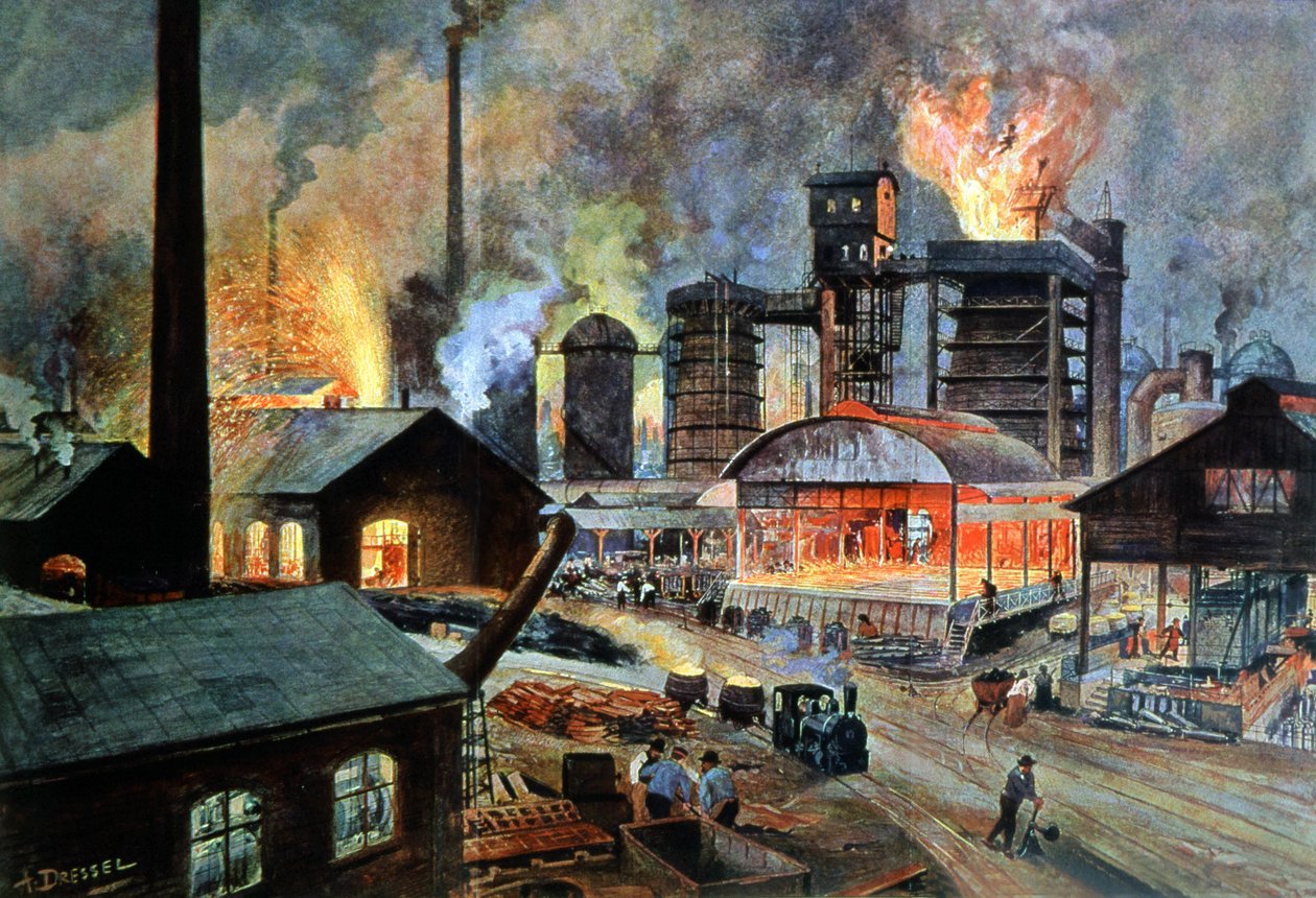 Fábrica metalúrgica en Alemania, hacia 1890 (ilustración) de August (after) Dressel
