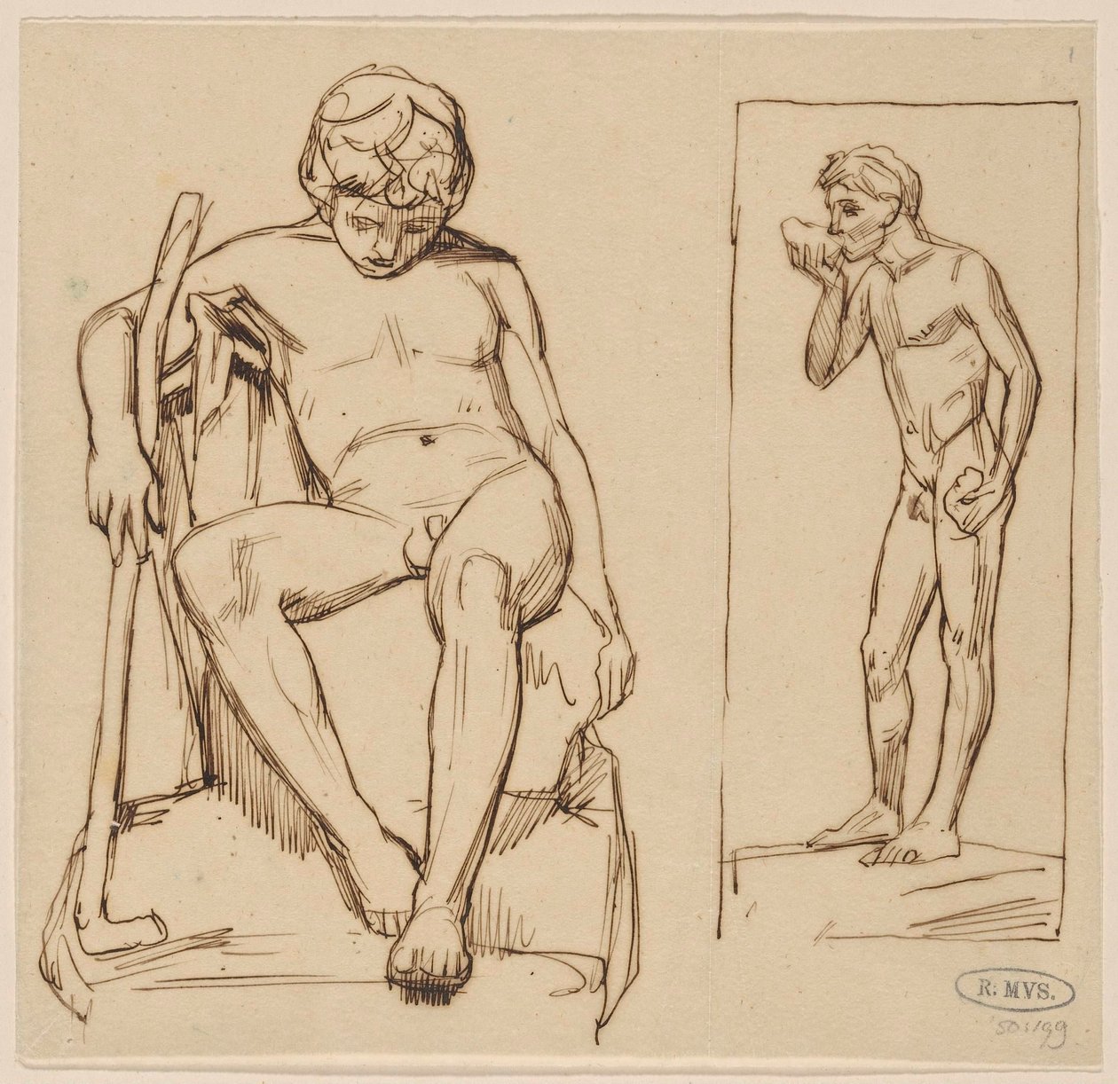 Sentado desnudo con bastón y bebiendo desnudo de pie de August Allebe
