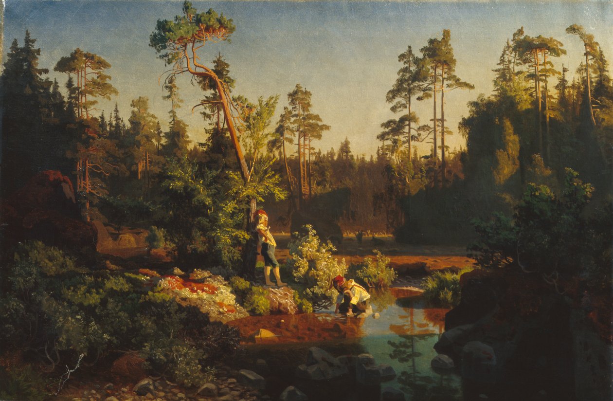 Niños en el bosque (Niños pastores) (pintura) de August Cappelen
