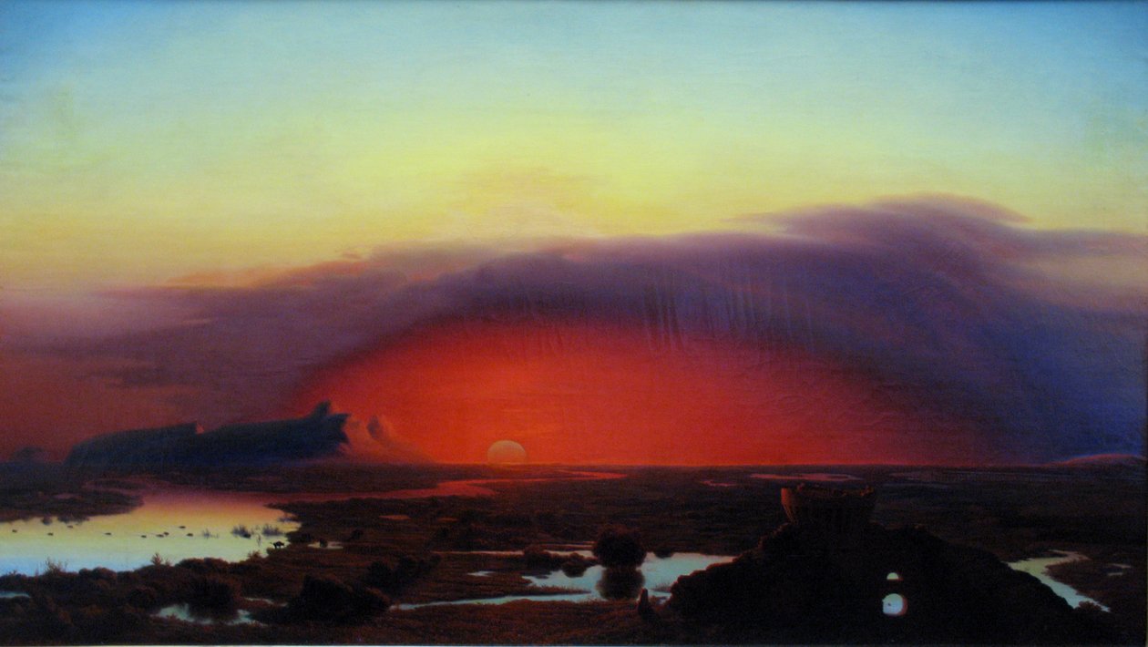 Alemán: Die Pontinischen Sümpfe bei Sonnenuntergang Las marismas pontinas al atardecer de August Kopisch