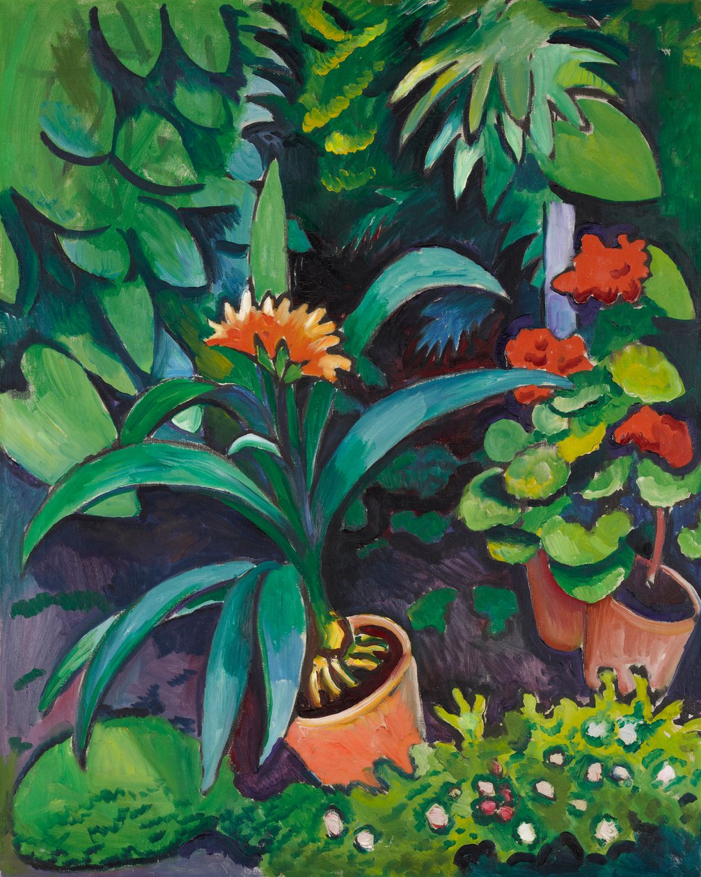 Flores en el jardín, clivias y pelargonios de August Macke