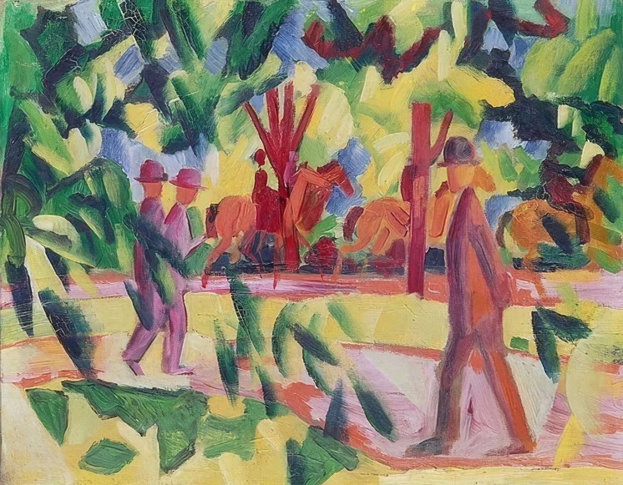 Jinetes y paseantes en una avenida de August Macke