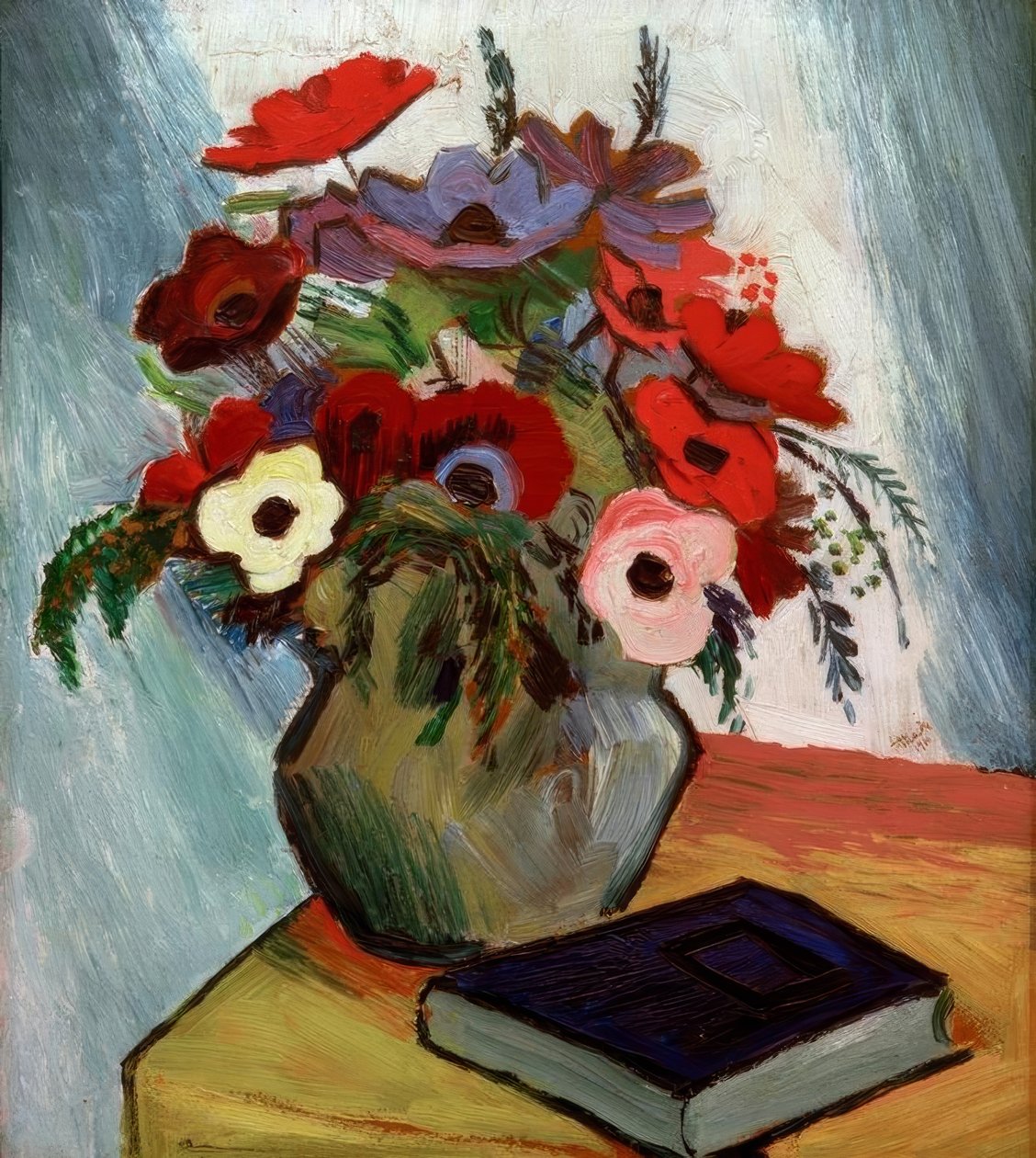 Naturaleza muerta con anémonas y libro azul de August Macke