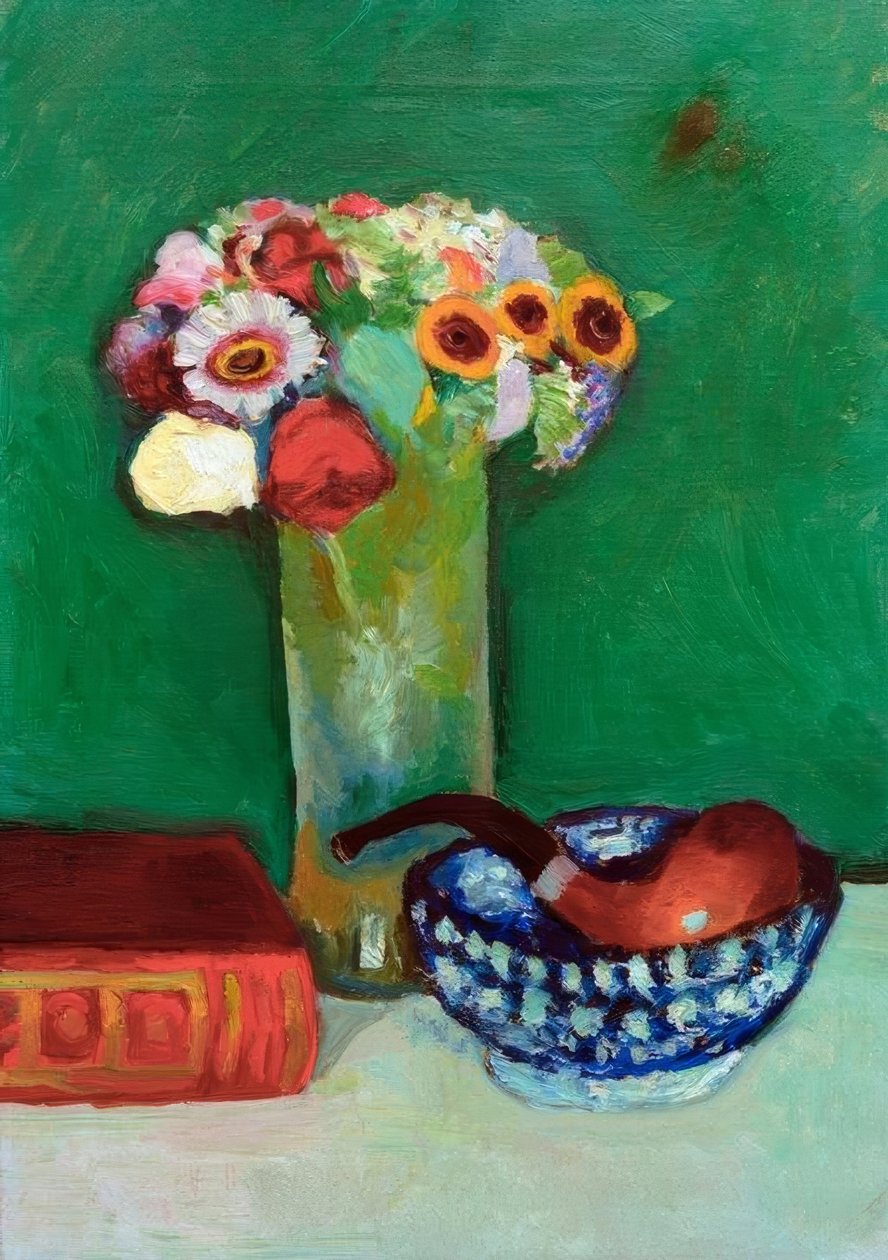 Naturaleza muerta con ramo de flores y pipa en cuenco azul de August Macke
