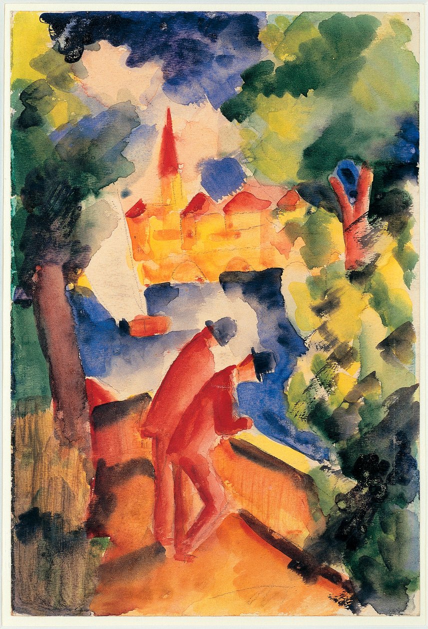 Dos hombres apoyados en la barandilla mirando un lago de August Macke