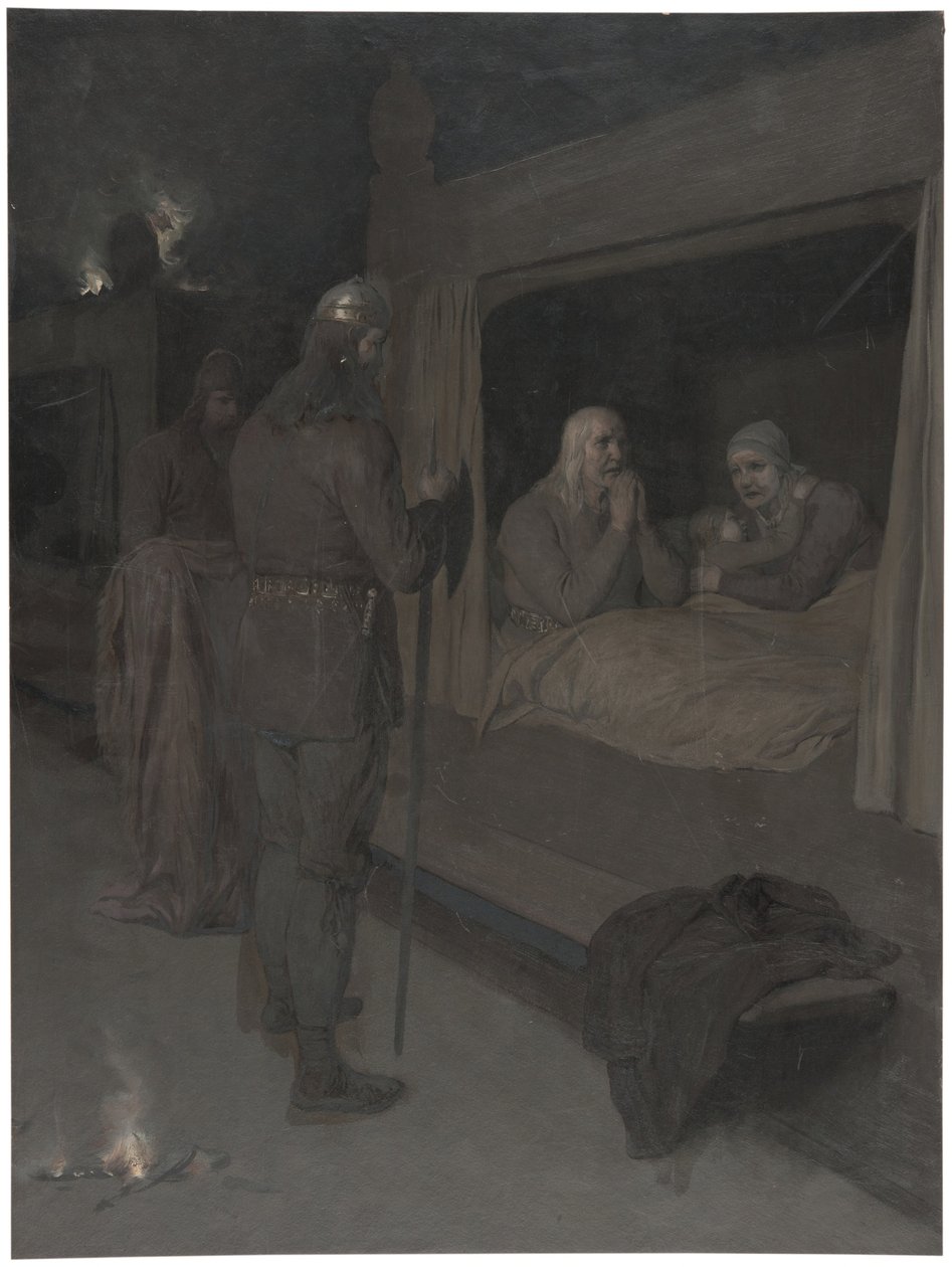 Njal, Bergthora y Thord Karisson deciden dejarse quemar vivos. Ilustración para la Saga de Njal, cap. 129 de August Malmström