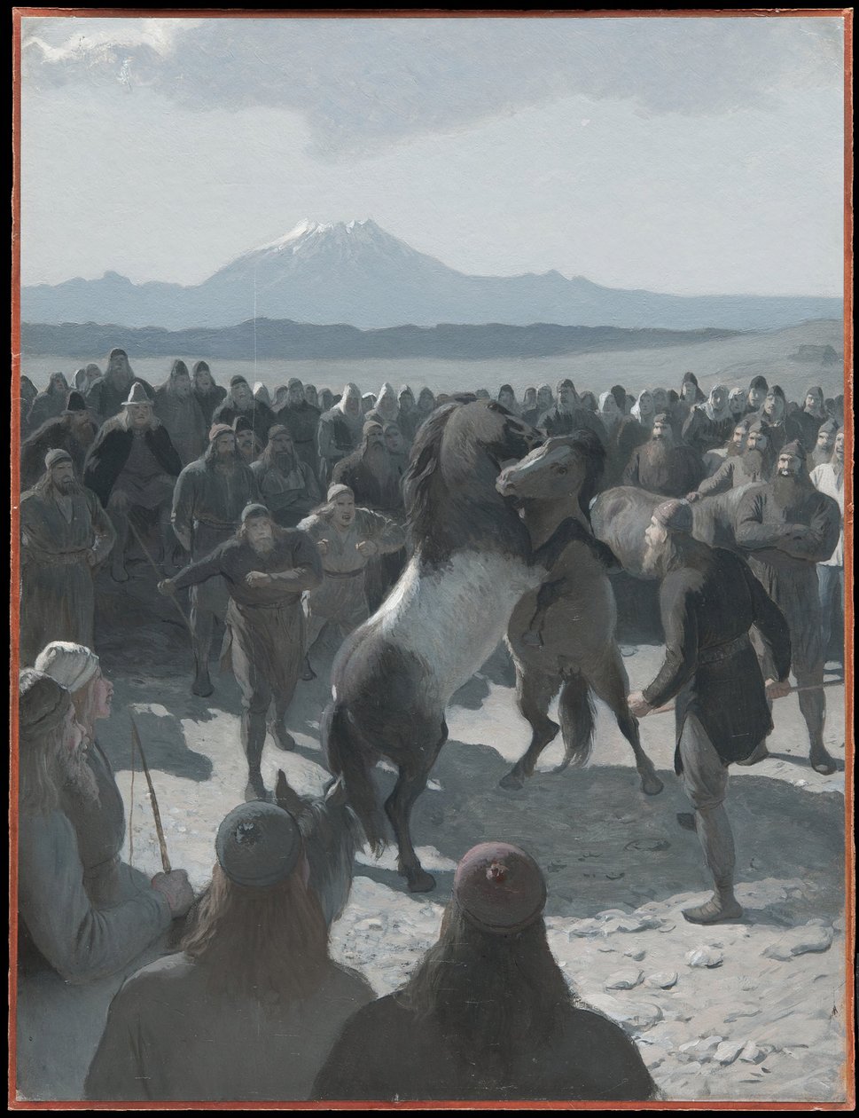 La lucha de caballos en Hlíðarendi. Ilustración para la Saga de Njál, cap. 59 de August Malmström