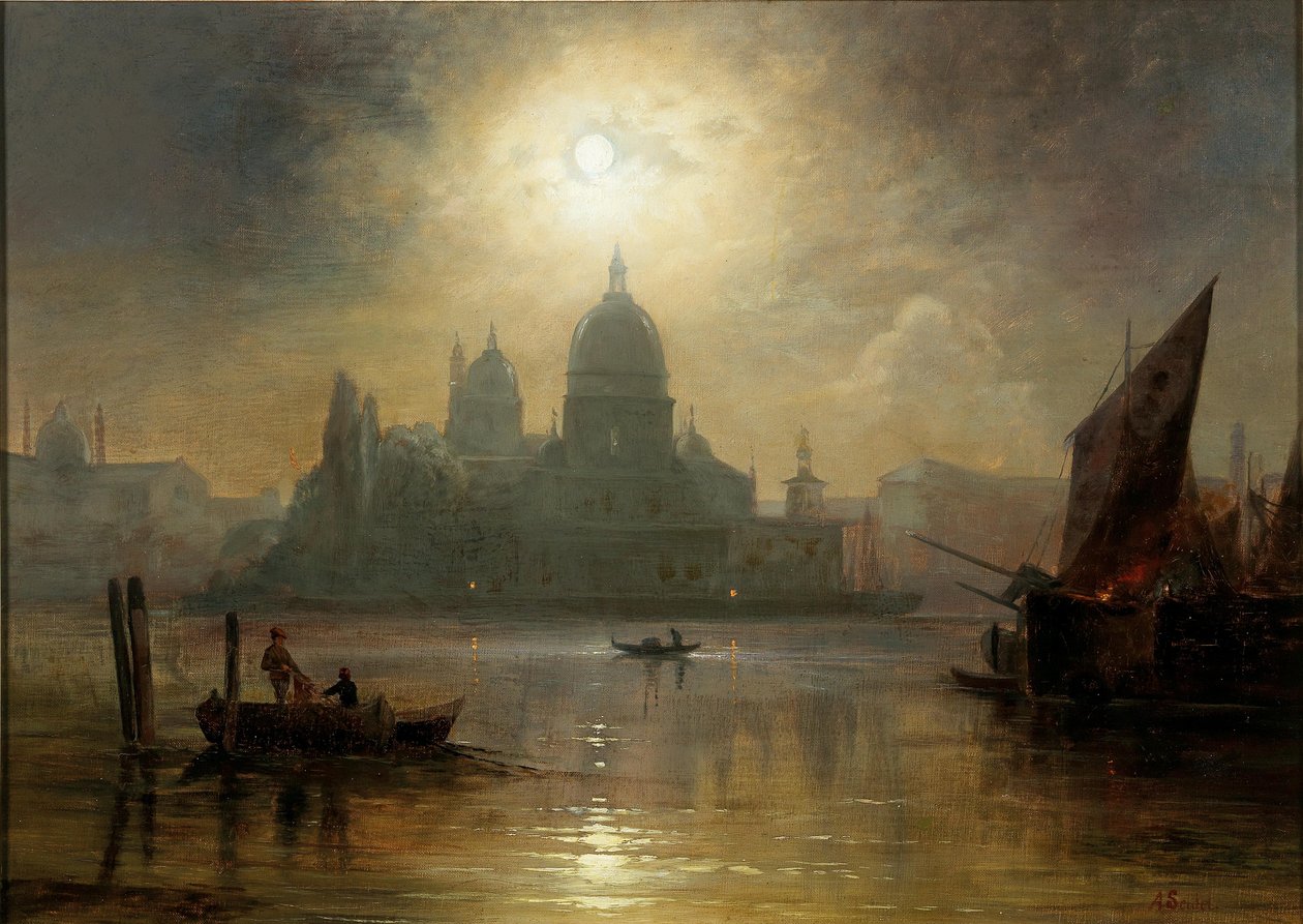 Venecia, una noche de luna sobre Santa Maria della Salute de August Seidel