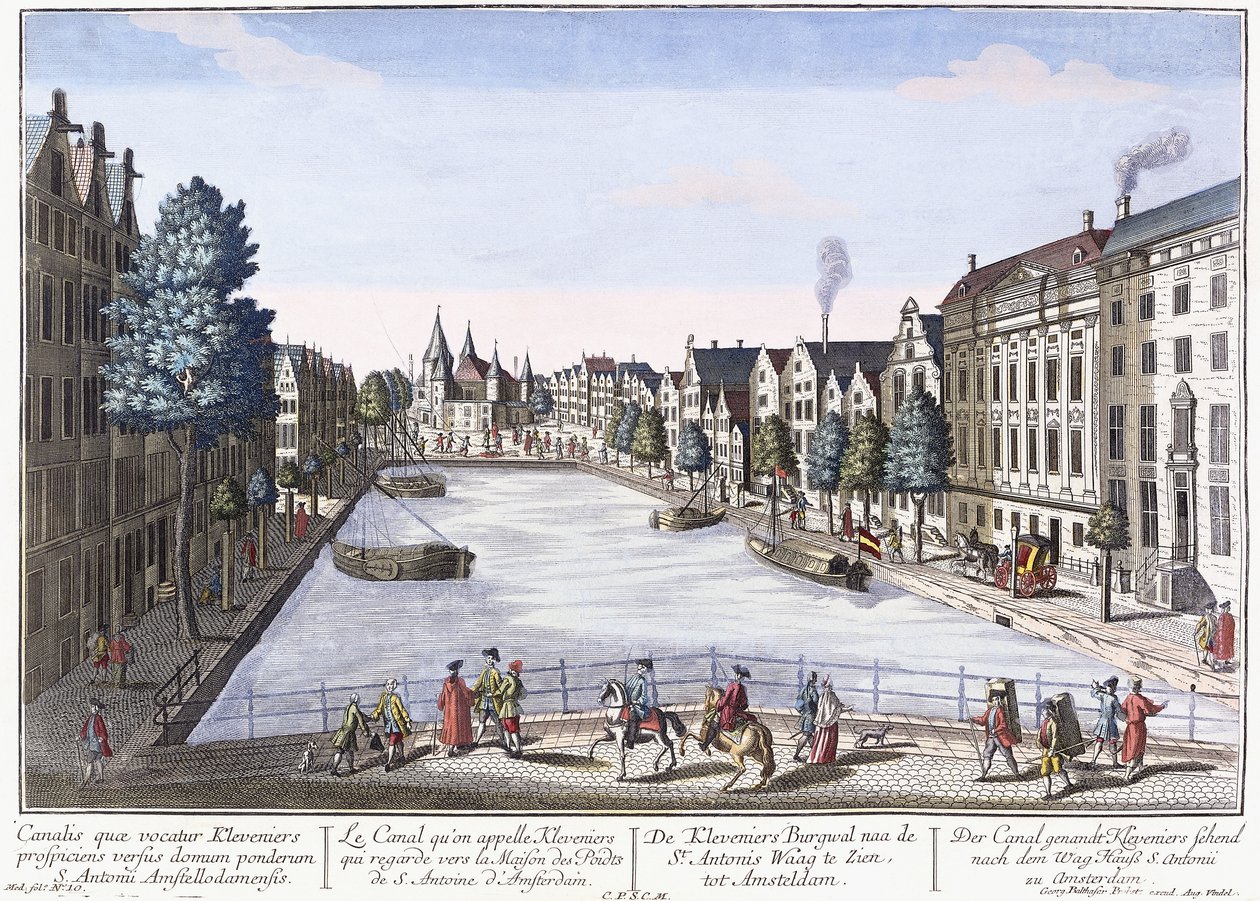 Vue of Kleveniers Canal, Amsterdam, c.1740-1770 (grabado coloreado a mano) de August Vindel
