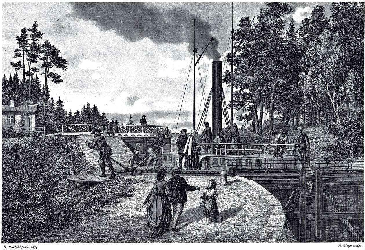 Vista de la esclusa de Juustila en Finlandia, 1873 de August Weger