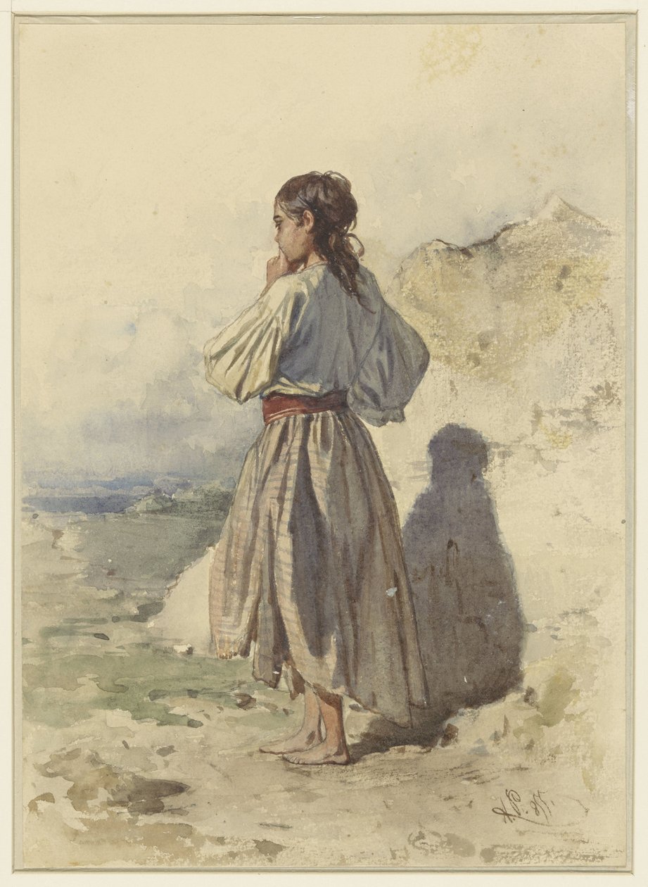 Mujer húngara, de pie, tres cuartos a la izquierda, vista desde atrás de August Xaver Carl von Pettenkofen