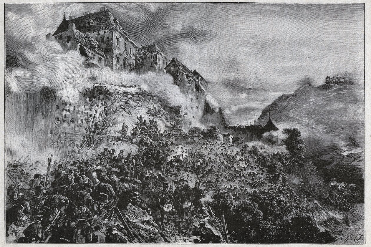 La Revolución Húngara de 1848-1849: Rebeldes húngaros asaltan el Castillo de Buda el 21 de mayo de 1849 - después de una litografía de August von Pettenkofer de August Xaver Karl von Pettenkofen