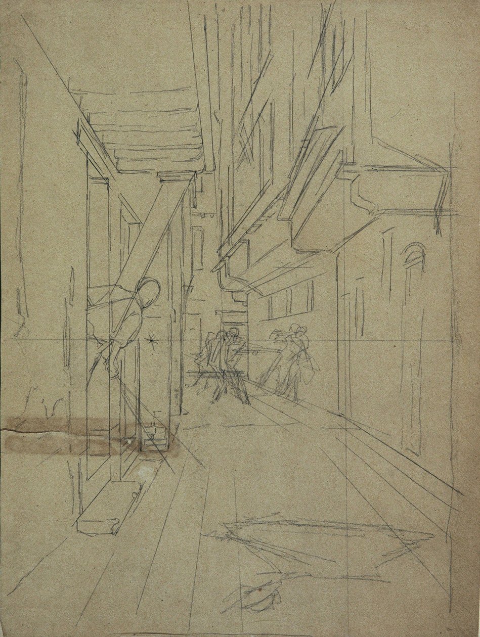 Boceto en perspectiva para "Pelea callejera en un callejón veneciano" de August von Pettenkofen