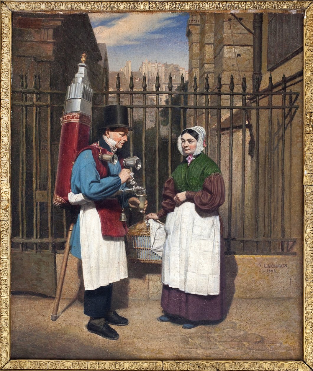 El comerciante de cocos (bebida refrescante aromatizada con regaliz) y su pintoresca fuente formaban parte de las figuras familiares de la calle parisina del siglo XIX y principios del XX. Pintura de Augusta Le Baron Desves (1804-?) , óleo sobre lienzo de Augusta Le Baron Desves