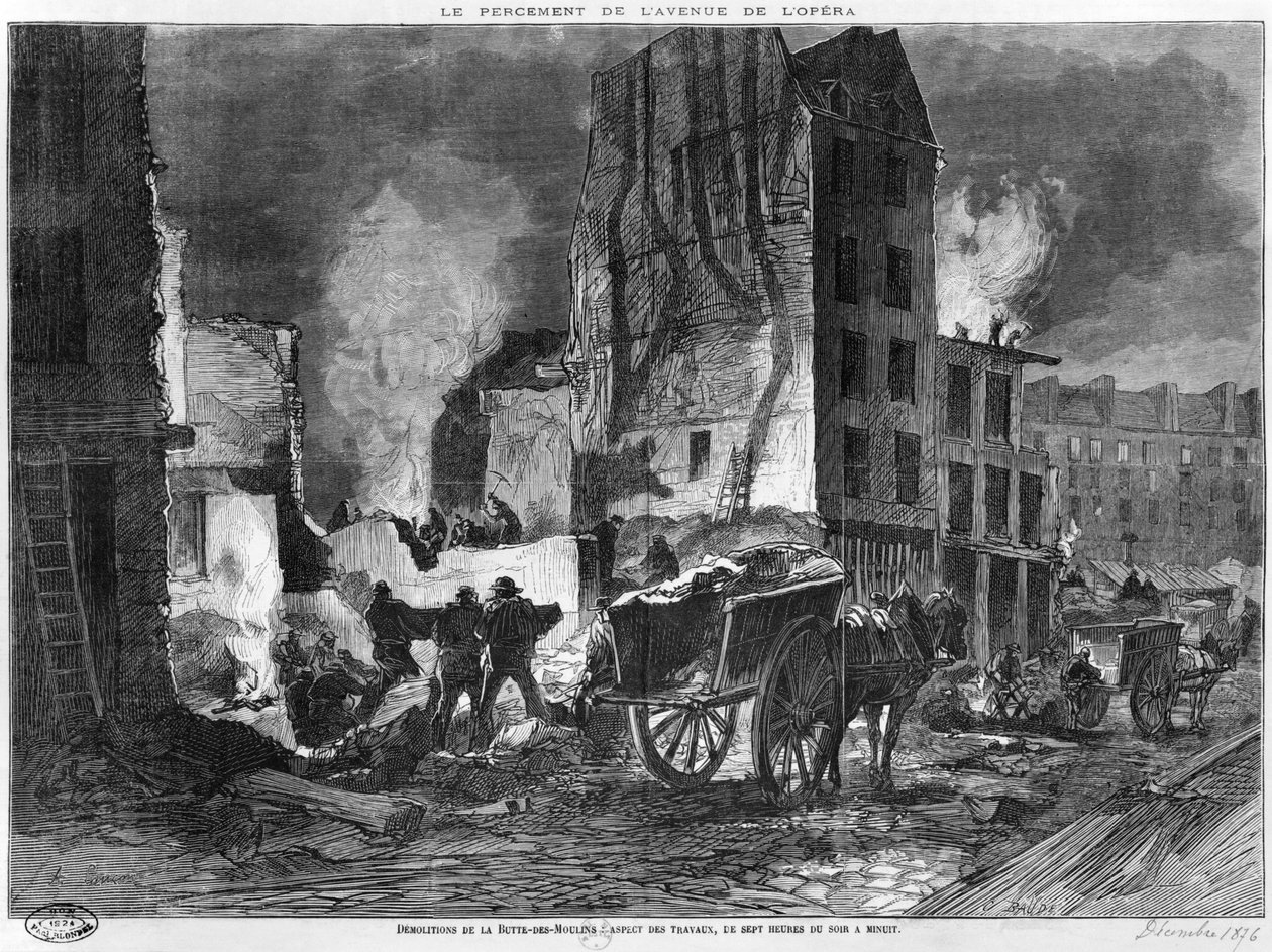 Construcción de la Avenida de la Ópera, demolición de la Butte des Moulins, de 7 pm a medianoche, grabado por Charles Baude, diciembre de 1876 de Auguste Andre Lancon