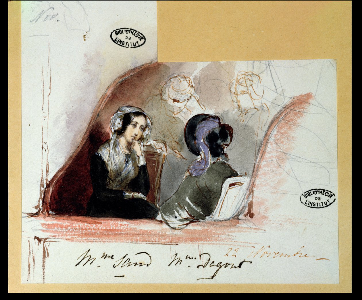 George Sand (1804-76) y Marie de Flavigny (1805-76) Condesa de Agoult, en la Comédie Française, 1834 de Auguste Odier