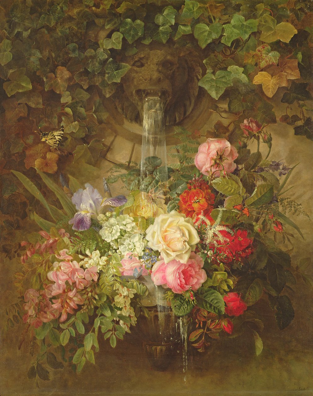 Flores bajo una fuente de león de Auguste Wilhelmine Reichelt