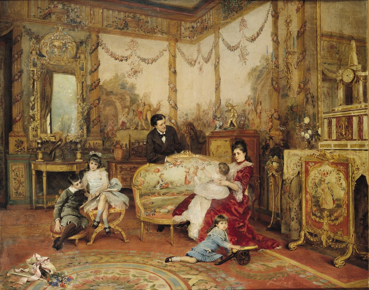 Victorien Sardou (1831-1908) y su Familia en su Sala de Estar en Marly-le-Roi, c.1875 de Auguste de la Brely