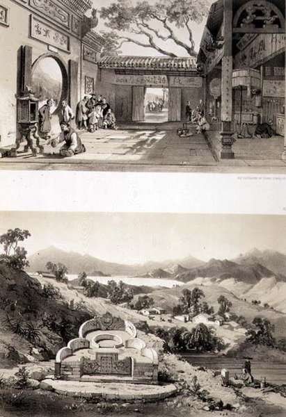 Vista Interior del Gran Templo en Macao y una Tumba y Pueblo entre las Bahías de Hong Kong y Kowloon, láminas 8 y 7 de 