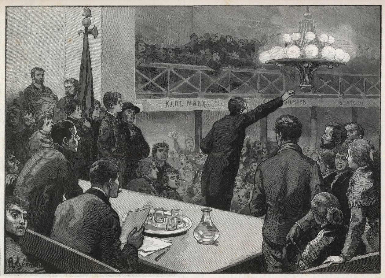 Reunión para la huelga en el Vooruit en 1885 - grabado en 1885 “Le monde illustré” - dibujo de Gerardin de Auguste (after) Gerardin