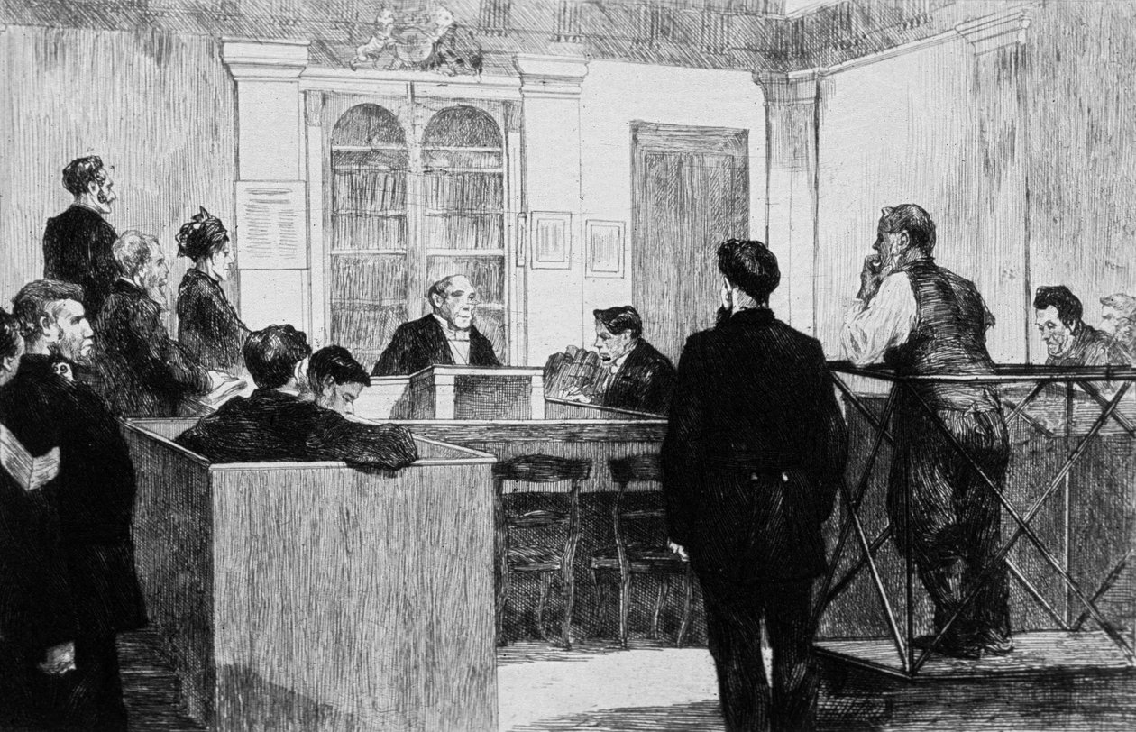 Bow Street Police Court Hall en Londres en 1884 (grabado) de Auguste Andre Lancon