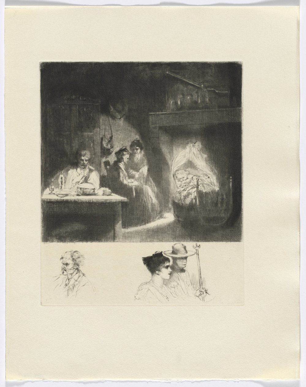 Frédéric Mistral: Mémoires et Recits de Frédéric Mistral: escena familiar/ busto de tres figuras (inserto después de la p. 48) de Auguste Brouet