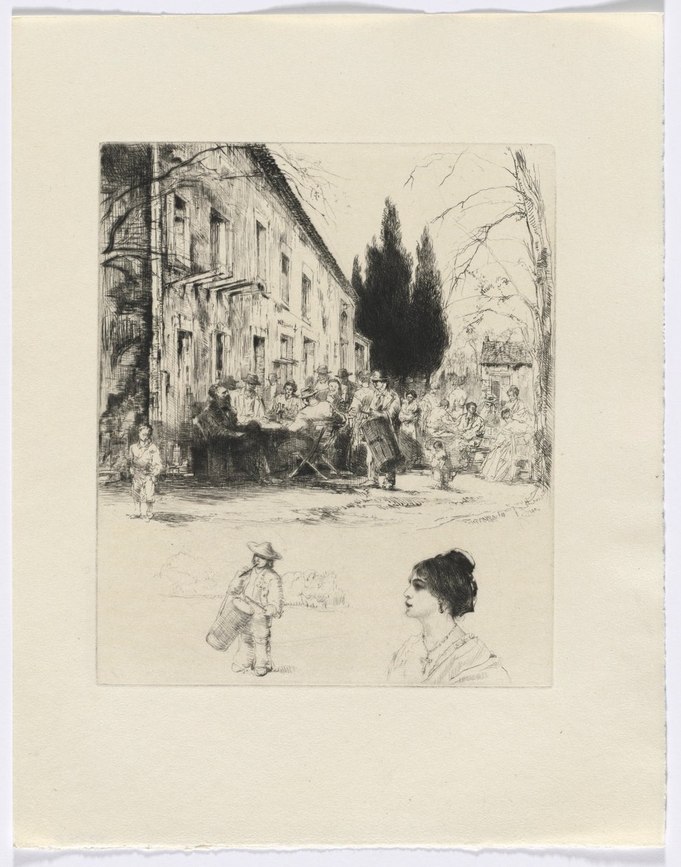 Frédéric Mistral: Mémoires et Recits de Frédéric Mistral: figuras en una mesa al aire libre/ hombre tocando el tambor y busto de mujer (insertar después de la p. 136) de Auguste Brouet
