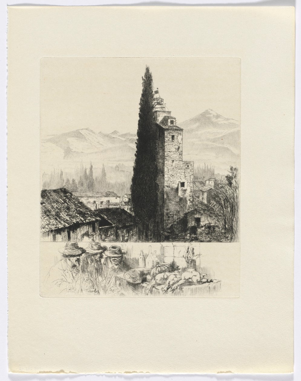 Frédéric Mistral: Mémoires et Recits de Frédéric Mistral: torre en paisaje/ hombre y caza muerta (insertar después de p. 200) de Auguste Brouet