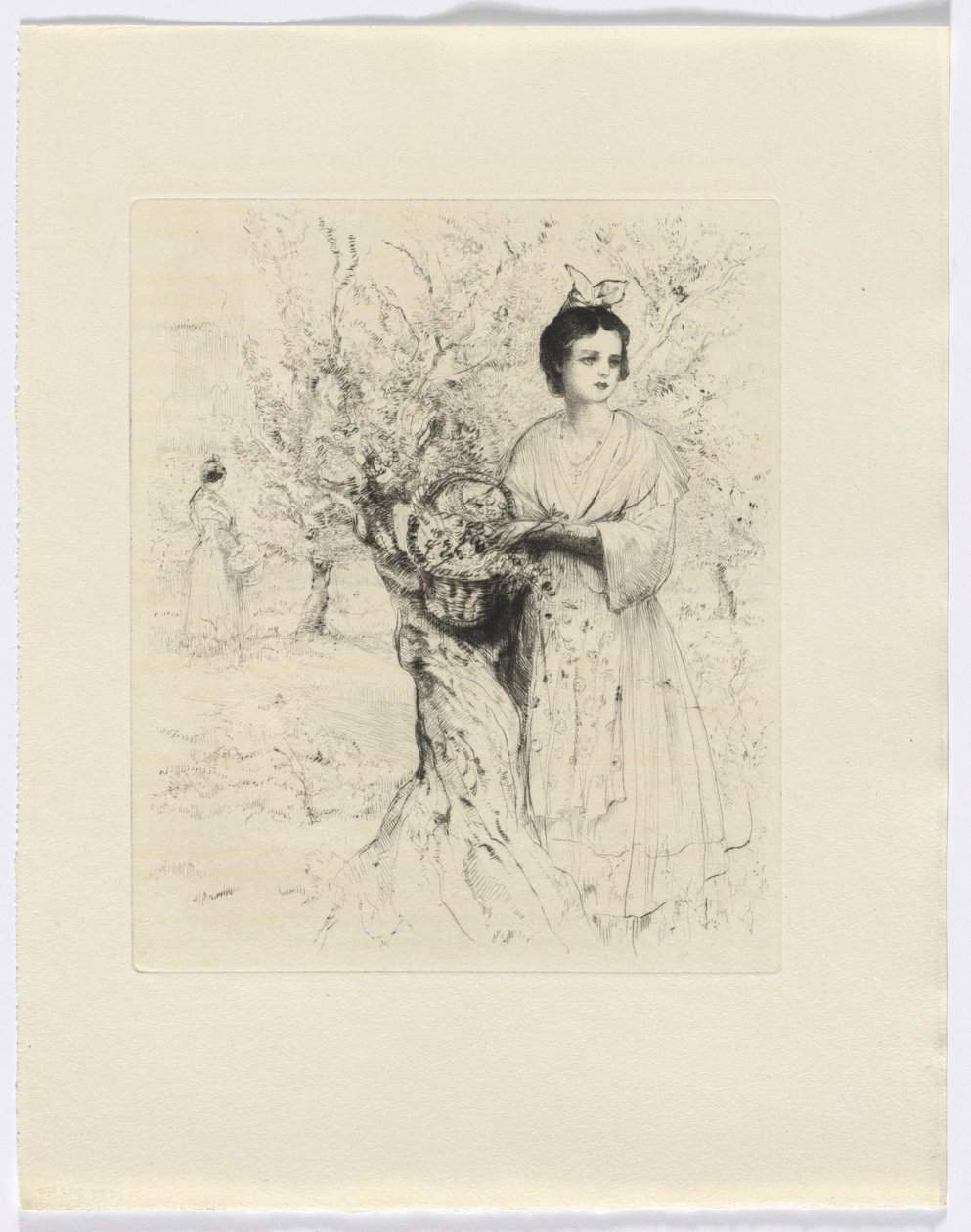 Frédéric Mistral: Mémoires et Recits de Frédéric Mistral: mujer en el exterior con una cesta de flores (insertar después de la p. 192) de Auguste Brouet