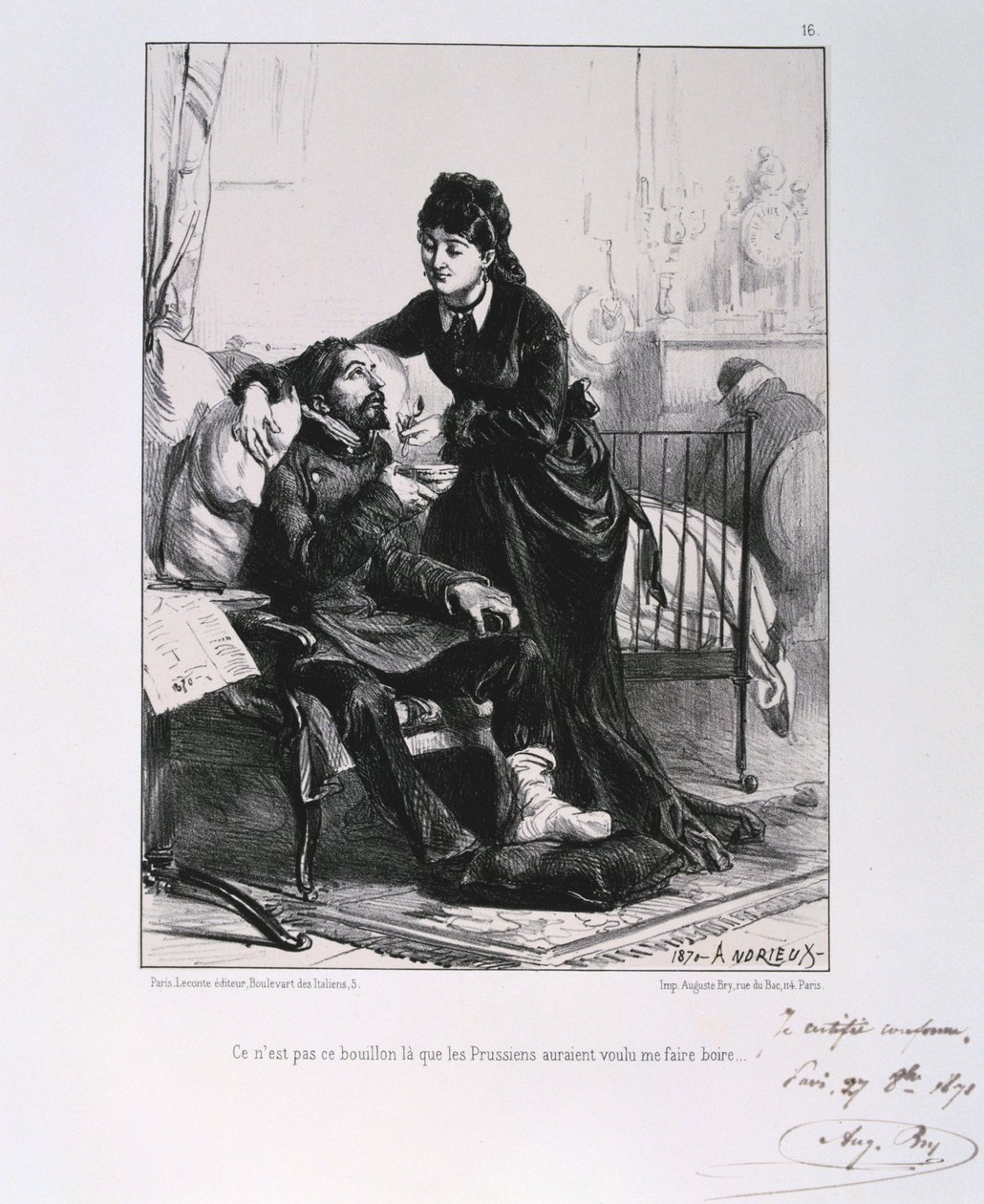Una mujer alimentando a un soldado herido con sopa, Sitio de París, Guerra Franco-Prusiana, 1870-1871 de Auguste Bry