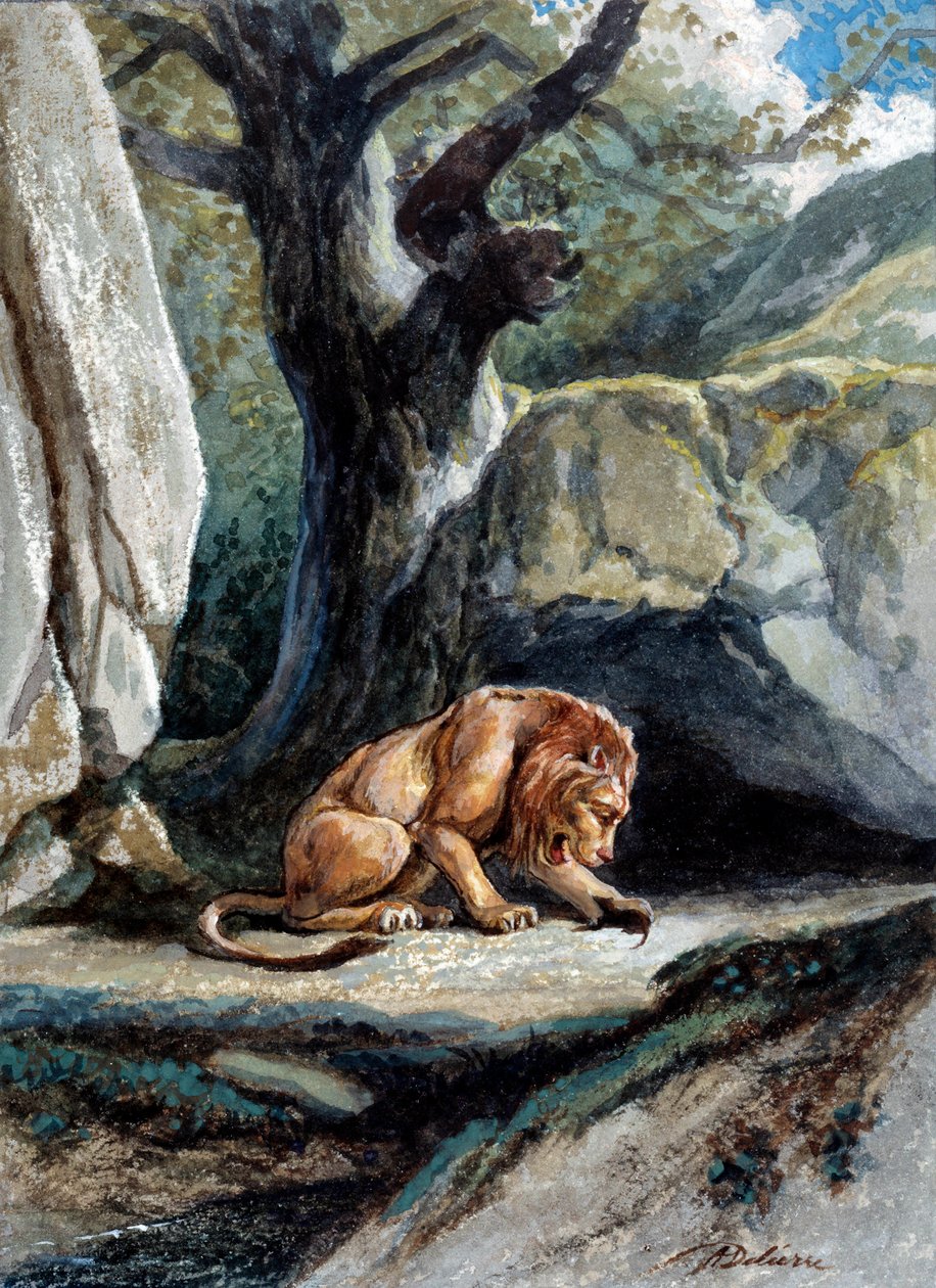 Ilustración de la fábula "El león y la rata" de Jean de La Fontaine. Acuarela de Auguste Delierre (1829-1890) de Auguste Delierre