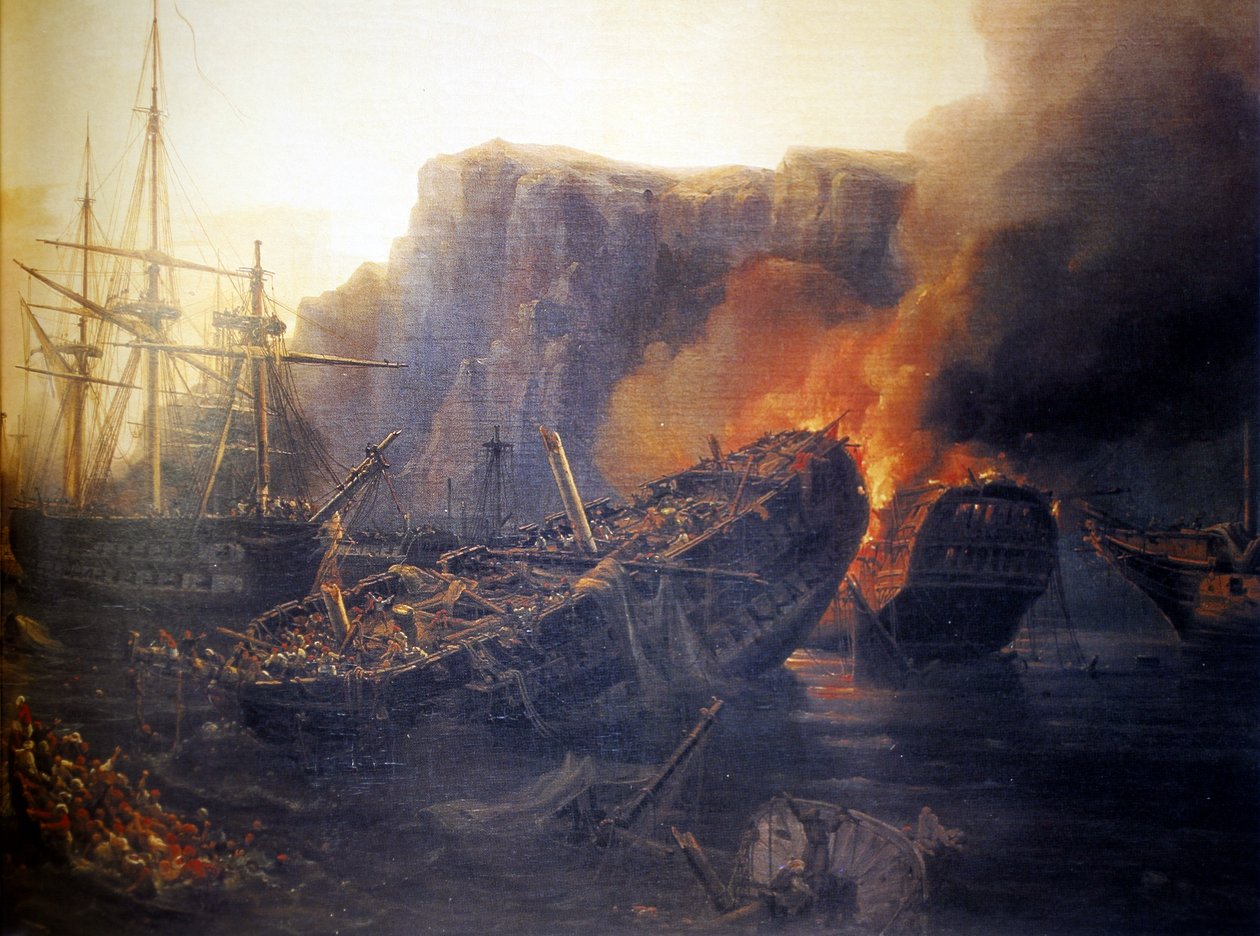 En francés:  Le soir de la bataille de Navarin, 1827 Tarde de la batalla de Navarino de Auguste Etienne Francois Mayer