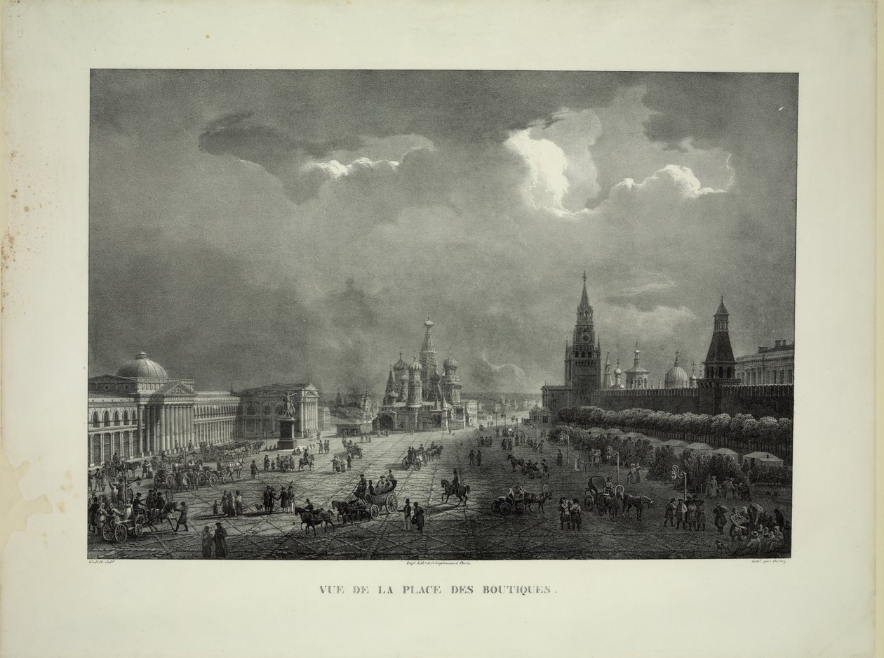 Filas comerciales superiores en la Plaza Roja de Moscú, c. 1830 de Auguste Jean Baptiste Antoine Cadolle
