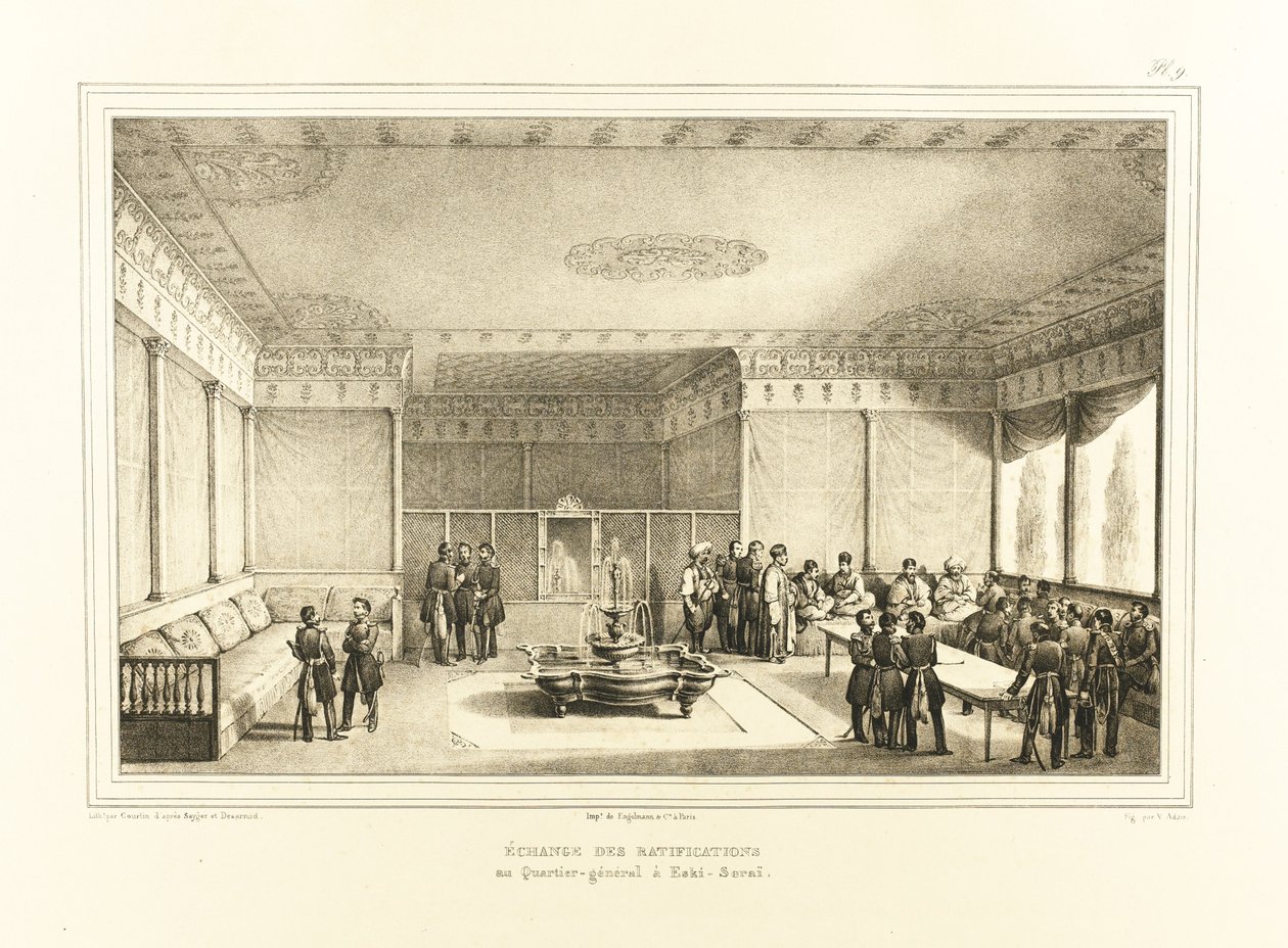 Firma del tratado de Adrianópolis en el antiguo Palacio de Edirne, 1834 de Auguste Joseph Desarnod