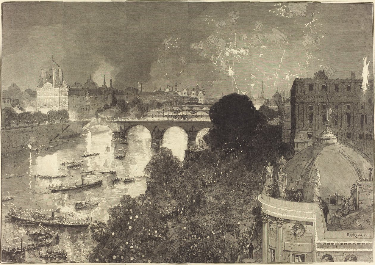 El 14 de julio. Iluminación del Sena desde el Pont Neuf hasta el Pont au Change de Auguste Lepere