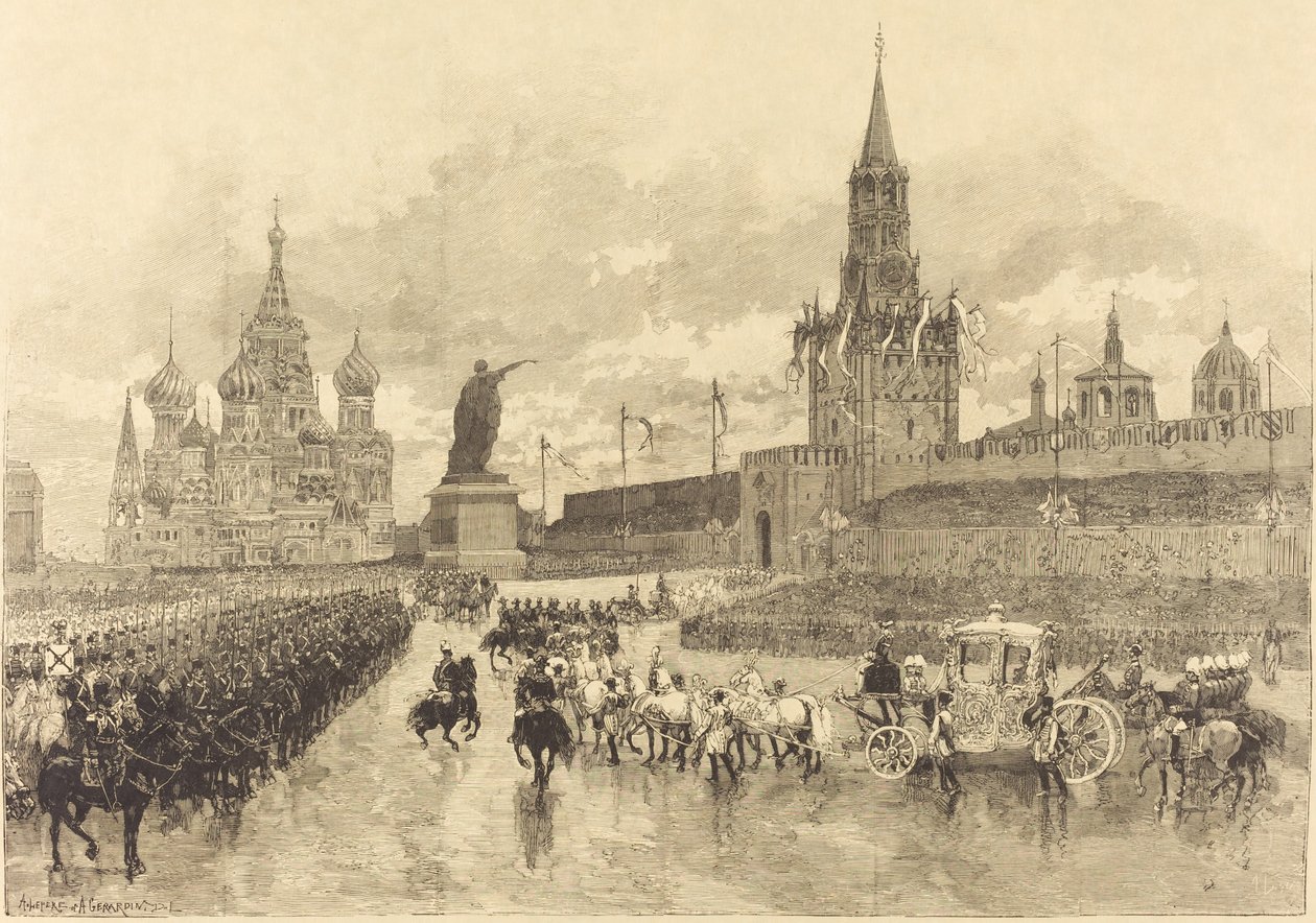 La Coronación del Zar. El Cortejo Imperial atraviesa la Plaza Real, 1883 de Auguste Lepere