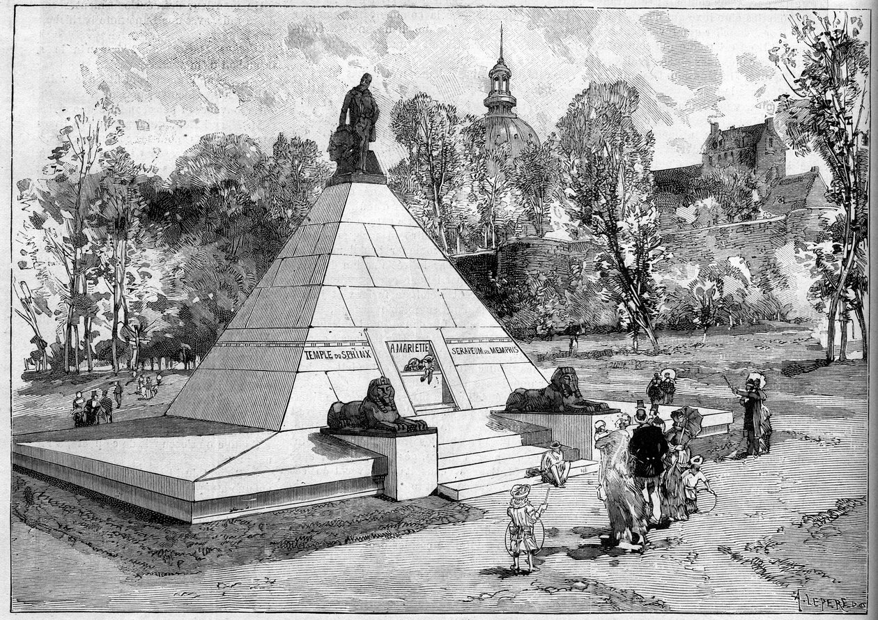 Vista del monumento erigido en memoria del egiptólogo francés Auguste-Edouard Mariette (1821-1881) en Boulogne-sur-Mer, Pas de Calais (62). Grabado de Lepere en "Le Monde Illustré" n°1322 del 29 de julio de 1882. de Auguste Lepere