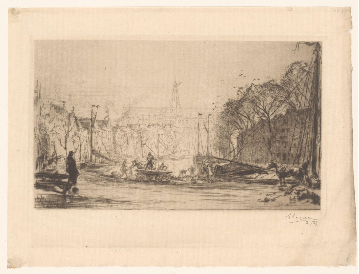 Vista del Spaarne y de la iglesia de San Bavón de Auguste Lepère (signed by artist)